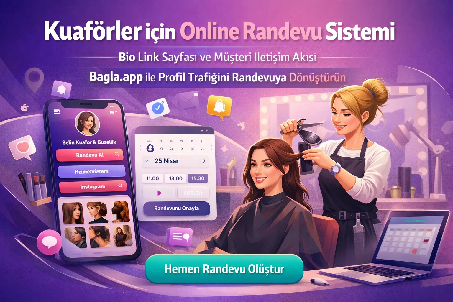Kuaforler icin Bagla.app bio link ve randevu sayfasi