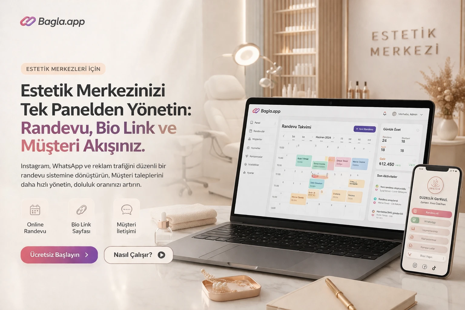 Estetik merkezi için online randevu ve müşteri yönetim paneli
