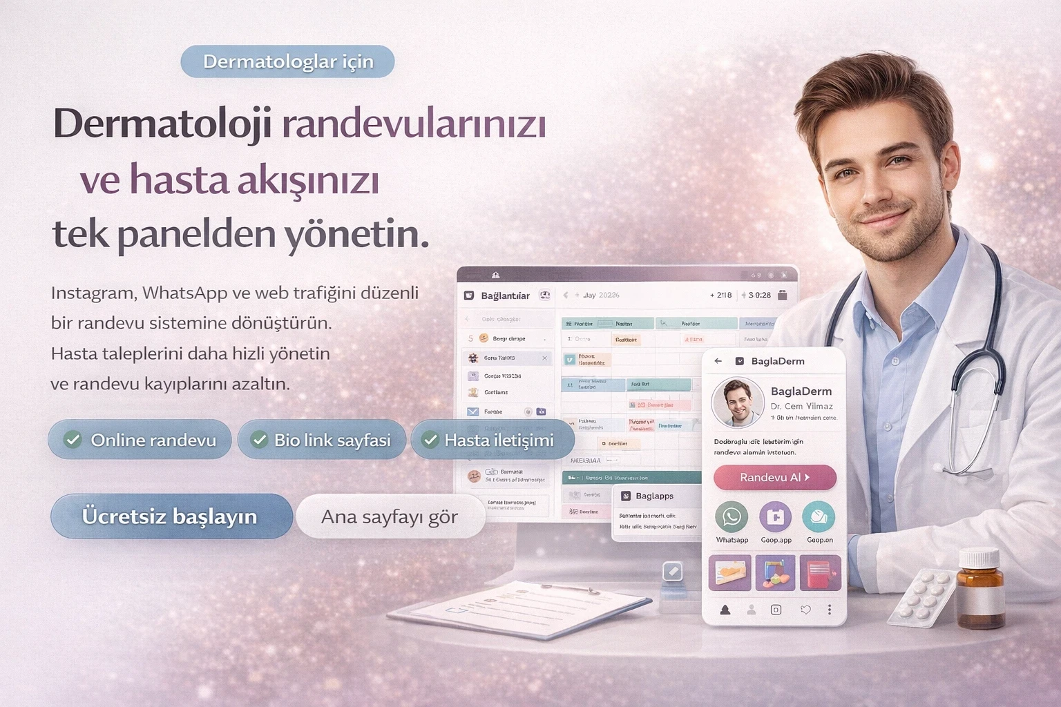 Dermatologlar icin Bagla.app randevu ve hasta yonetim paneli