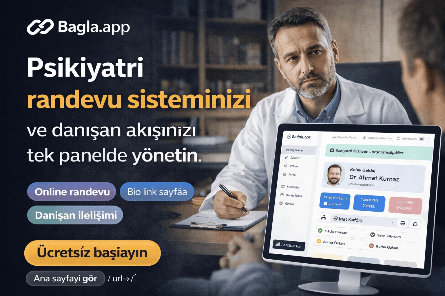 Psikiyatristler icin Bagla.app randevu sistemi paneli