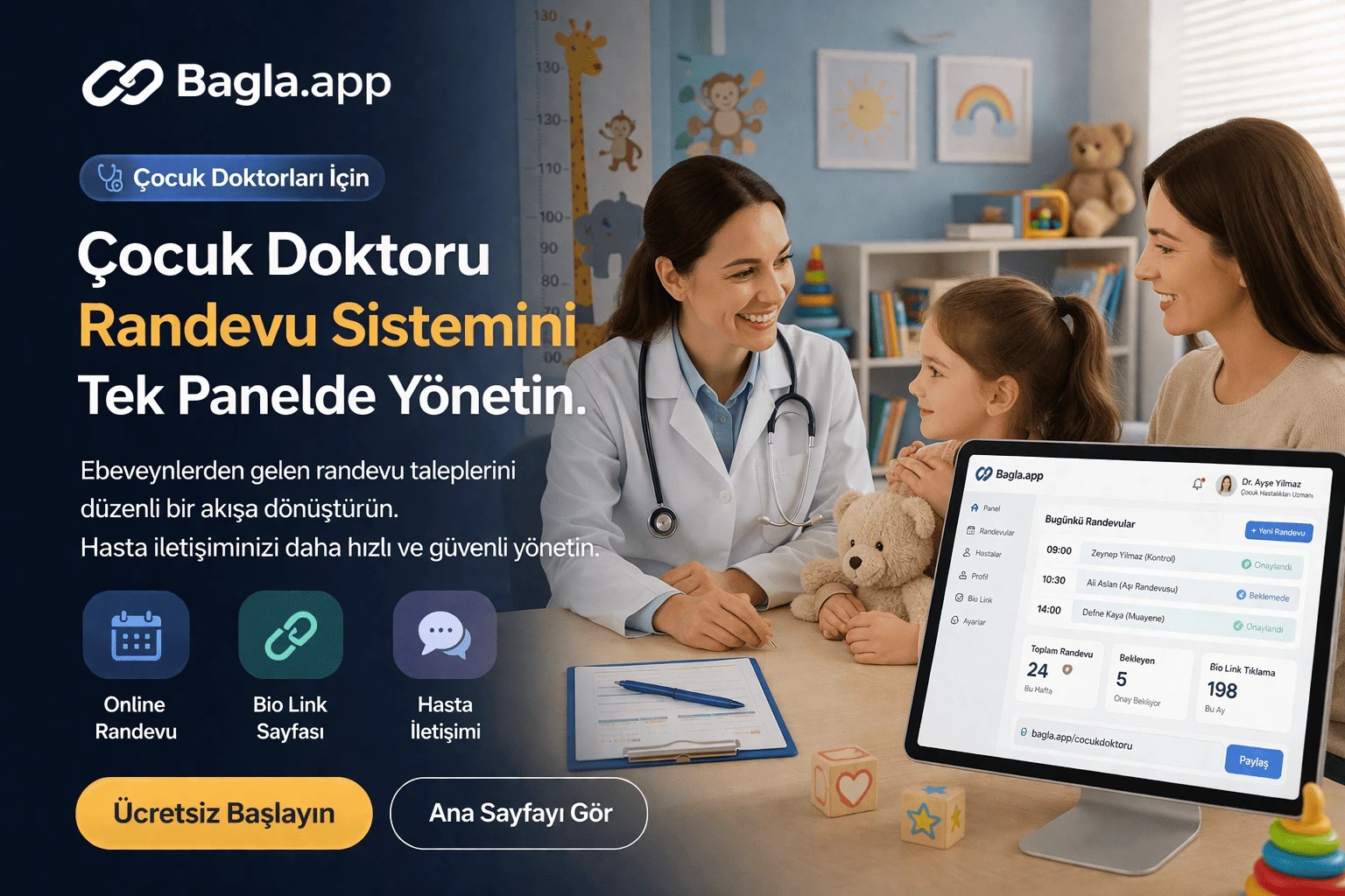 Cocuk doktorlari icin Bagla.app randevu sistemi paneli
