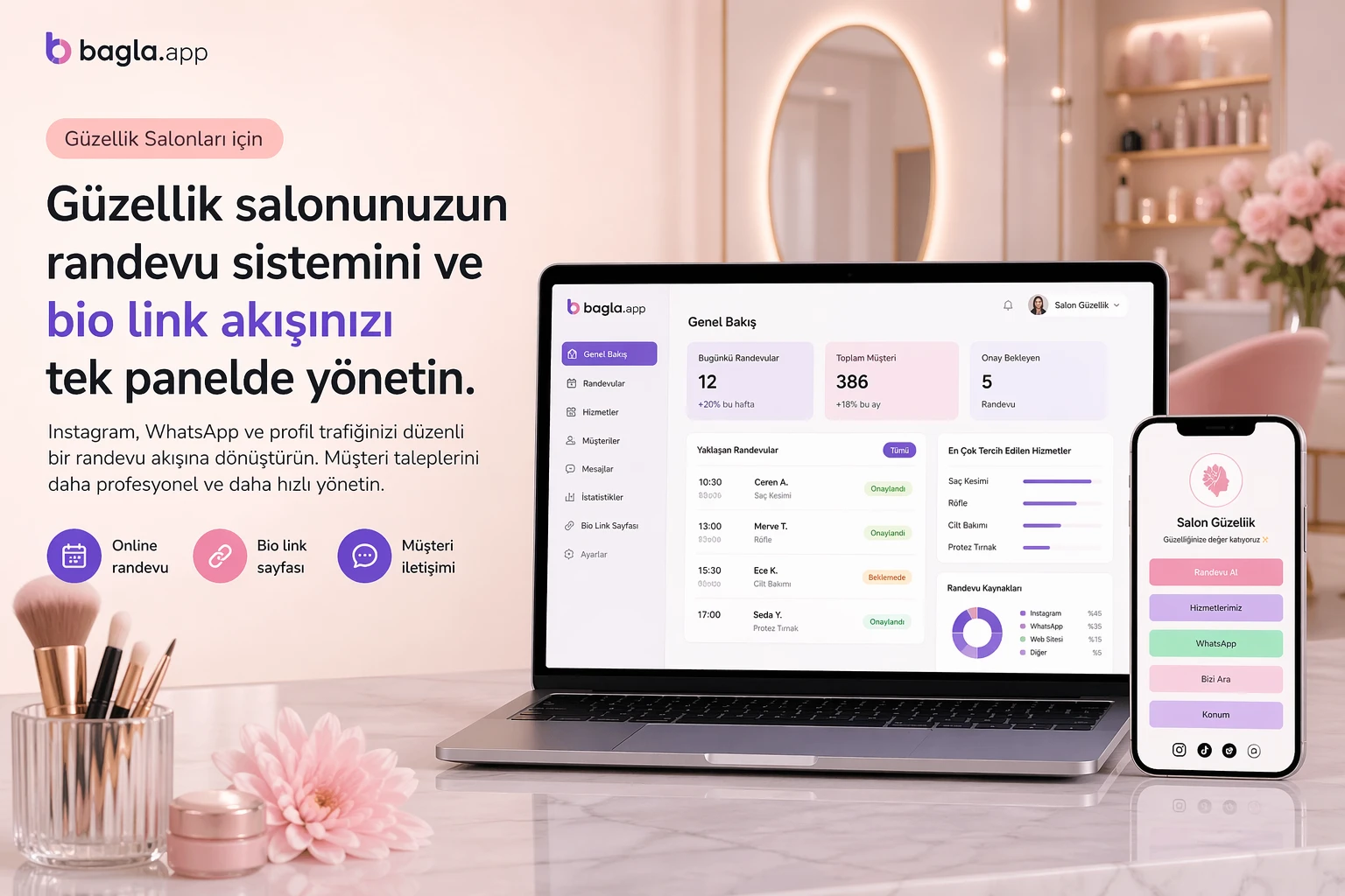 Güzellik salonları için Bagla.app randevu ve bio link yönetim paneli